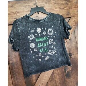 Vibe N’ SMALLDark Acid Washed Alien Crop TeeShirt Humans Aren't Real Super Cute!